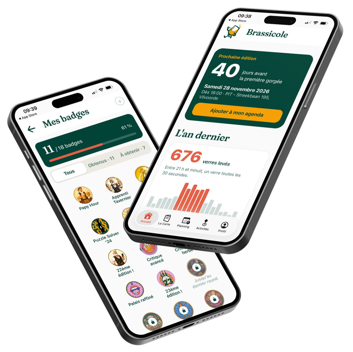 Twee schermen van de Appicole-app: de behaalde badges en het aftellen tot de volgende editie